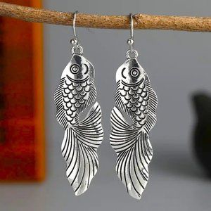 Fish Earrings Dangle Silver metal Boho Hippie Koi Lucky Oriental Y2K Stainless